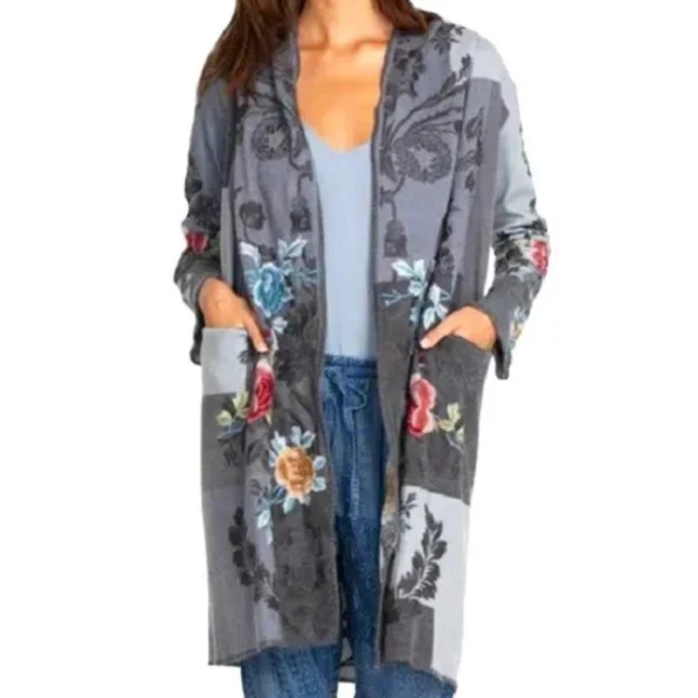 Johnny Was Hooded Embroidered Floral Knit Long Cardigan